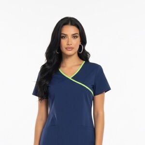 Just Love Royal Blue Mock Wrap Scrub Top - Lime Green Trim - Size L